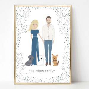 Custom Couple Portrait with Dog, Personalized Anniversary Gifts for Her, Cartoon Couple Portrait, Personalised Couple Illustration, UNFRAMED