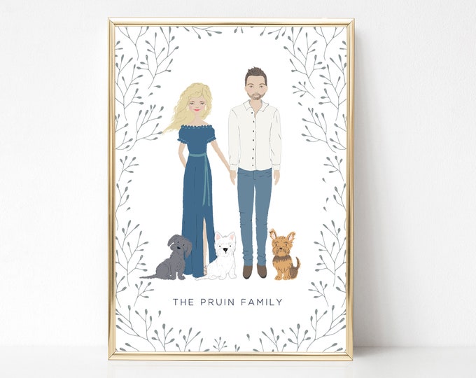 Custom Couple Portrait with Dog, Personalized Anniversary Gifts for Her, Cartoon Couple Portrait, Personalised Couple Illustration, UNFRAMED