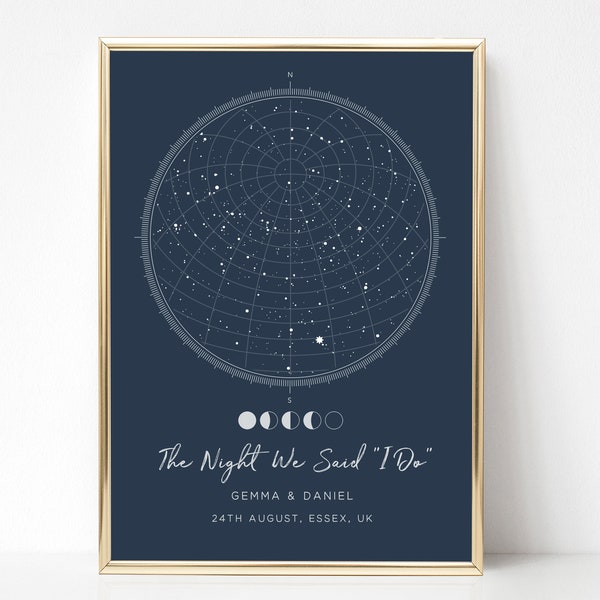 Stampa personalizzata della mappa del cielo notturno, regalo di nozze personalizzato per coppia, mappa della costellazione, mappa stellare personalizzata per data, SENZA CORNICE