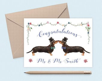 Hochzeitskarte für schwules Paar, Hochzeitskarte für schwules Paar, Hochzeitskarte mit Hund, Hochzeitskarte personalisiert, Hochzeitskarte, Glückwünsche, Dackel