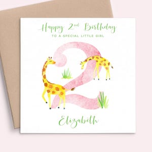 Personalised 2nd Birthday Card Giraffe, Girl 2nd Birthday Card for Granddaughter, Birthday Card 2 Year Old Daughter, 2nd Birthday Card Niece
