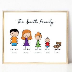 Stick Family Print with Pets, Stick Man Print Custom, Cartoon Family Print Personalised, Stick Family Gift, Stick People Picture, UNFRAMED