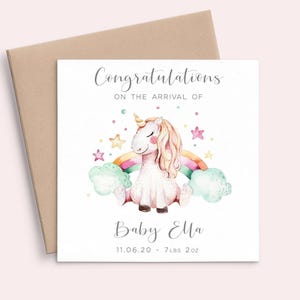 Carte personnalisée bébé fille licorne, carte bébé fille nouveau-né animal, carte bébé fille personnalisée, carte de naissance félicitations