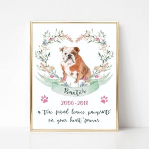 May include: A framed print featuring a watercolor illustration of a brown and white bulldog centered within a floral wreath. Below the dog is a green banner with the name Baxter, the dates 2006-2018, two pink paw prints, and the text a true friend leaves pawprints on your heart forever.