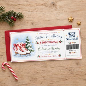 Boleto personalizado para patinaje sobre hielo con sobre rojo, vale de regalo sorpresa para patinaje sobre hielo y chocolate caliente, boleto personalizado para actividades navideñas.