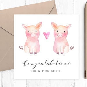 Carte de mariage cochon Félicitations, carte de mariage personnalisée pour M. et Mme, carte de mariage animal pour les mariés, carte le jour du mariage
