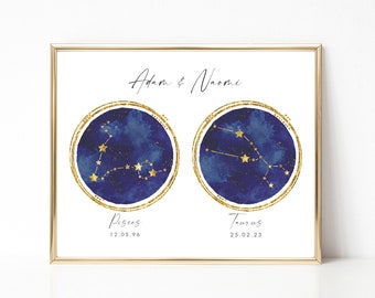 Zodiac Couple Art Print, Custom Couple Zodiac Print, Zodiac Constellation Poster, Personalised Anniversary Gifts for Her 1 Year, UNFRAMED