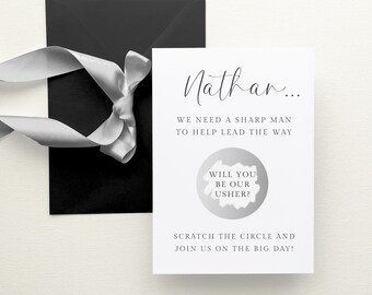 Silver Will You Be My Usher Scratch Card Personalised, Custom Usher Proposal Scratch Off Card, WITH RIBBON ENVELOPE