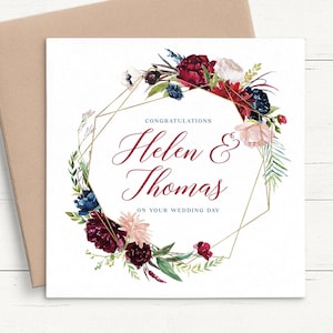 Burgundy Floral Wedding Card Bride and Groom, Congratulations Wedding Card Mr and Mrs Wedding Card Couple, Personalised Wedding Card Garland