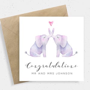 Carte de mariage éléphant, carte de mariage de Mr et Mme félicitations, carte de mariage personnalisée animal, carte de jour de mariage personnalisée pour couple
