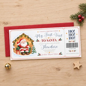 Boleto personalizado para la primera visita a Papá Noel, boleto personalizado para la gruta de Papá Noel para niños, lindo cupón impreso para la gruta navideña con sobre rojo.
