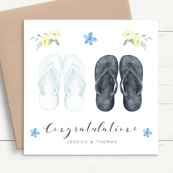 Flip-Flops-Hochzeitskarte personalisiert, Glückwunschkarte zur Strandhochzeit, Mr. und Mrs. Hochzeitstagskarte für Paare, Braut- und Bräutigamkarte