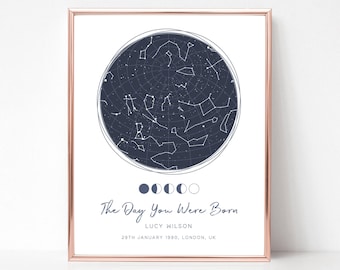 The Day You Were Born Star Map by Date, Personalized Constellation Print Birthday Gift for Her Friend, Night You Were Born Poster, UNFRAMED