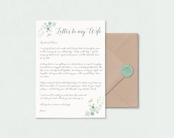 Personalised Letter to Wife to Be Eucalyptus, Custom Letter to Bride on Wedding Day, Letter to my Wife Wedding Day, With Envelope & Wax Seal