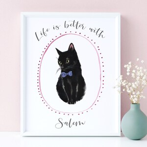 Black Cat Print, Black Cat Gifts Personalized Cat Lover Gift, Cat Portrait Personalised, Black Cat Art Print, Black Cat Wall Art, UNFRAMED