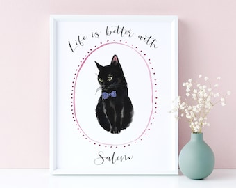 Black Cat Print, Black Cat Gifts Personalized Cat Lover Gift, Cat Portrait Personalised, Black Cat Art Print, Black Cat Wall Art, UNFRAMED