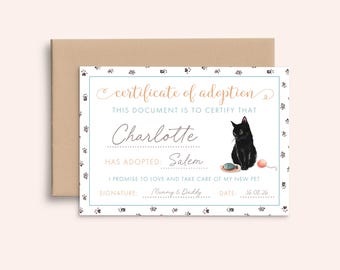 Personalised Cat Adoption Certificate, Personalized Kitten Adoption Certificate, Custom Certificate of Adoption Cat, WITH ENVELOPE