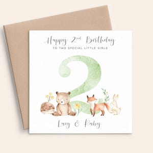 Animal des bois 2e carte d'anniversaire carte d'anniversaire personnalisée fille de 2 ans, 2e carte d'anniversaire petite-fille, deuxième carte d'anniversaire fille