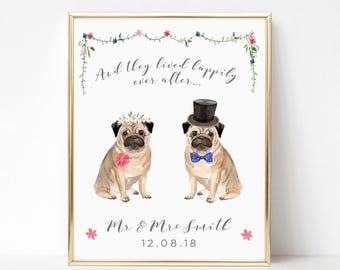 Pug Print, Wedding Print Personalised, Bride and Groom Gift, Dog Wedding Gift Dog Lover Gift, Personalized Wedding Gifts for Couple UNFRAMED