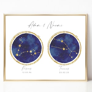 Zodiac Couple Art Print, Custom Couple Zodiac Print, Zodiac Constellation Poster, Personalised Anniversary Gifts for Her 1 Year, UNFRAMED