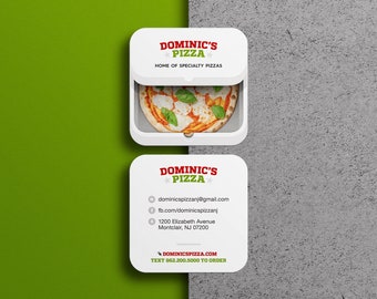 Pizza Box Pizzeria Business Cards • Die-Cut Rounded Corners, Square Cards, Design and Full Color Printing, FREE Shipping