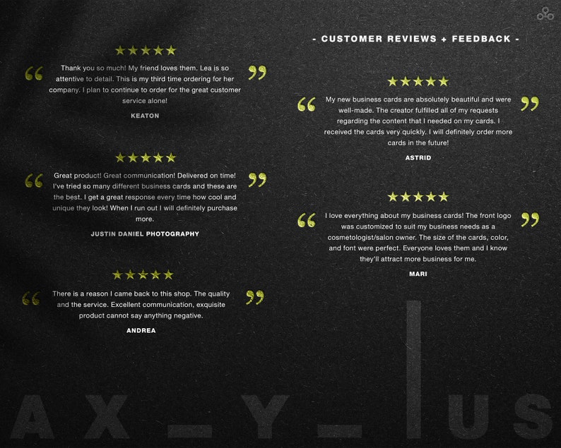 Puede incluir: Un fondo oscuro con rese&ntilde;as y comentarios de clientes. El texto incluye testimonios con calificaciones de 5 estrellas, nombres y citas sobre tarjetas de visita. Las rese&ntilde;as destacan la calidad, el servicio y el dise&ntilde;o.
