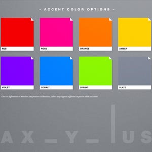 Puede incluir: Un gr&aacute;fico que muestra ocho opciones de colores de acento diferentes. Los colores son rojo, rosa, naranja, &aacute;mbar, violeta, cobalto, verde primavera y pizarra.