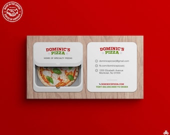 Tarjetas de presentación cuadradas con diseño de caja de pizza blanca que presenta una deliciosa pizza para pizzerías, food trucks y servicios de catering