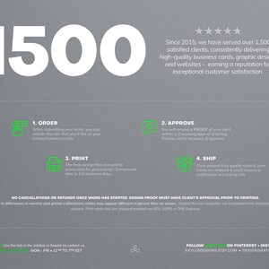 Puede incluir: Un servicio de dise&ntilde;o gr&aacute;fico de tarjetas de visita con una calificaci&oacute;n de cinco estrellas, que ofrece tarjetas de visita de alta calidad, dise&ntilde;o gr&aacute;fico y sitios web. La imagen muestra un proceso paso a paso para pedir tarjetas de visita, incluyendo el pedido, la aprobaci&oacute;n, la impresi&oacute;n y el env&iacute;o. El texto "C&oacute;mo funciona" se muestra en el lado izquierdo de la imagen.