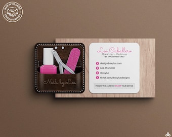 Chic Square Business Cards for Nail Technicians, Beauty Salons & Manicurists with Stitched Leather Pouch Design in Pink or Blue