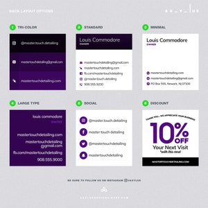 Puede incluir: Dise&ntilde;os de tarjetas de visita en morado y blanco. Las tarjetas muestran informaci&oacute;n de contacto, incluyendo redes sociales y direcciones web. Una tarjeta ofrece un 10% de descuento.