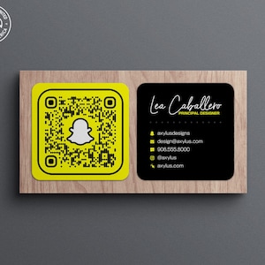 May include: A black and yellow business card with a QR code and the text "Lea Caballero, Principal Designer" along with contact information including a website, email address, phone number, and social media handle.