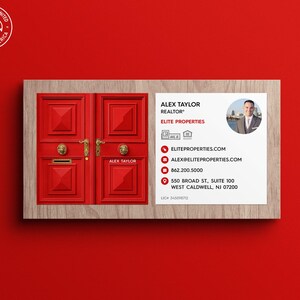 May include: A business card with a red wooden door design. The text on the card reads "Alex Taylor, Realtor, Elite Properties, EliteProperties.com, Alex@EliteProperties.com, 862.200.5000, 550 Broad St., Suite 100, West Caldwell, NJ 07200, Lic 345098712".