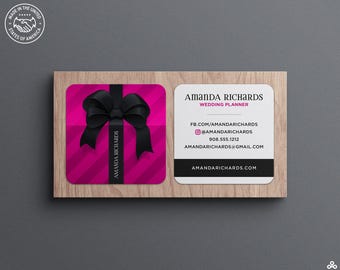 Elegant Square Business Cards with Striped Gift Box & Black Satin Bow Design for Wedding Planners, Party Planners and Event Coordinators