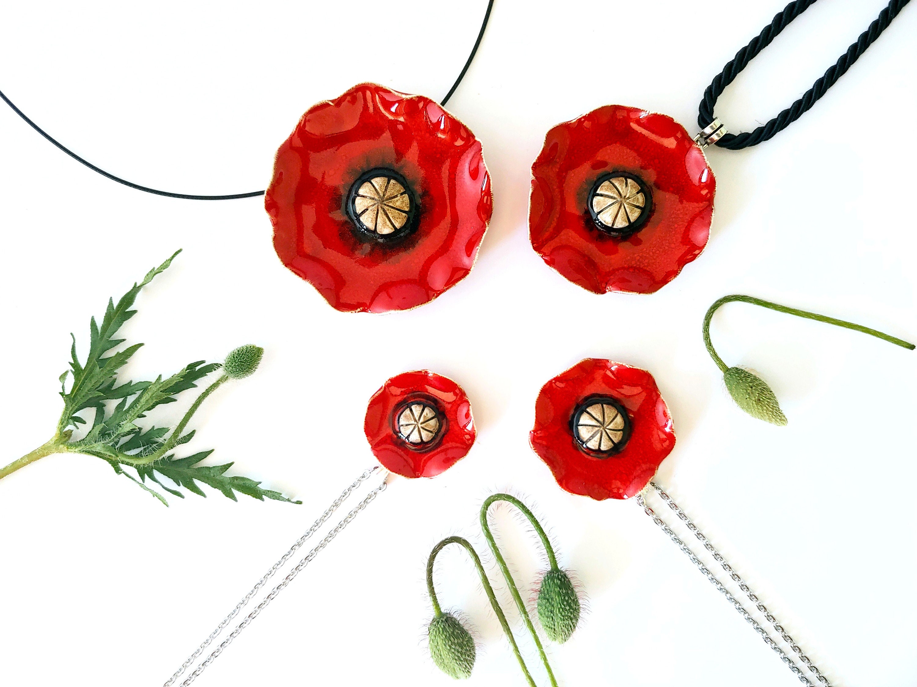 Red Poppy ceramic pendant Poppy jewelry Natural pendant Etsy