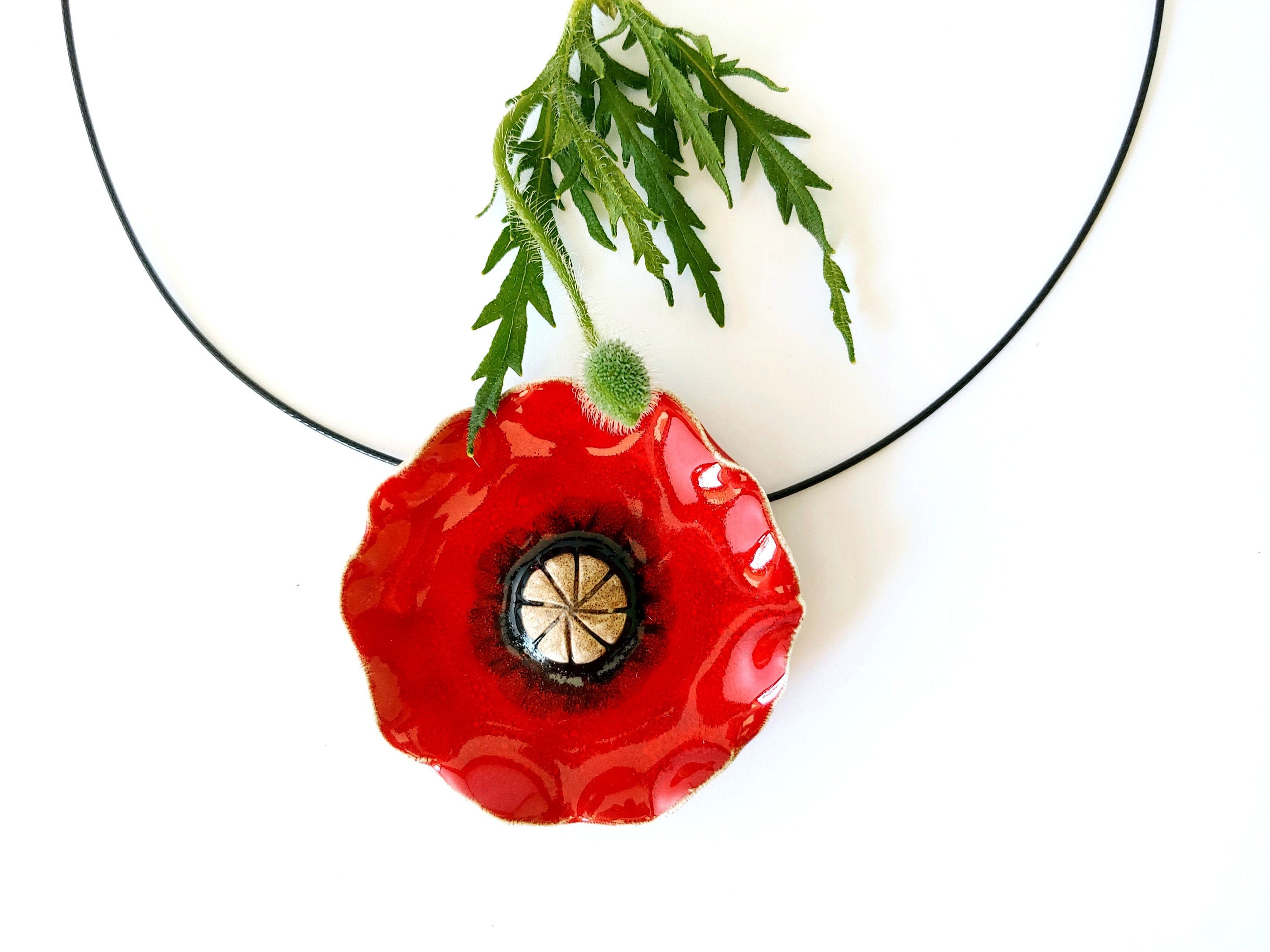 Red Poppy ceramic pendant Poppy jewelry Natural pendant Etsy