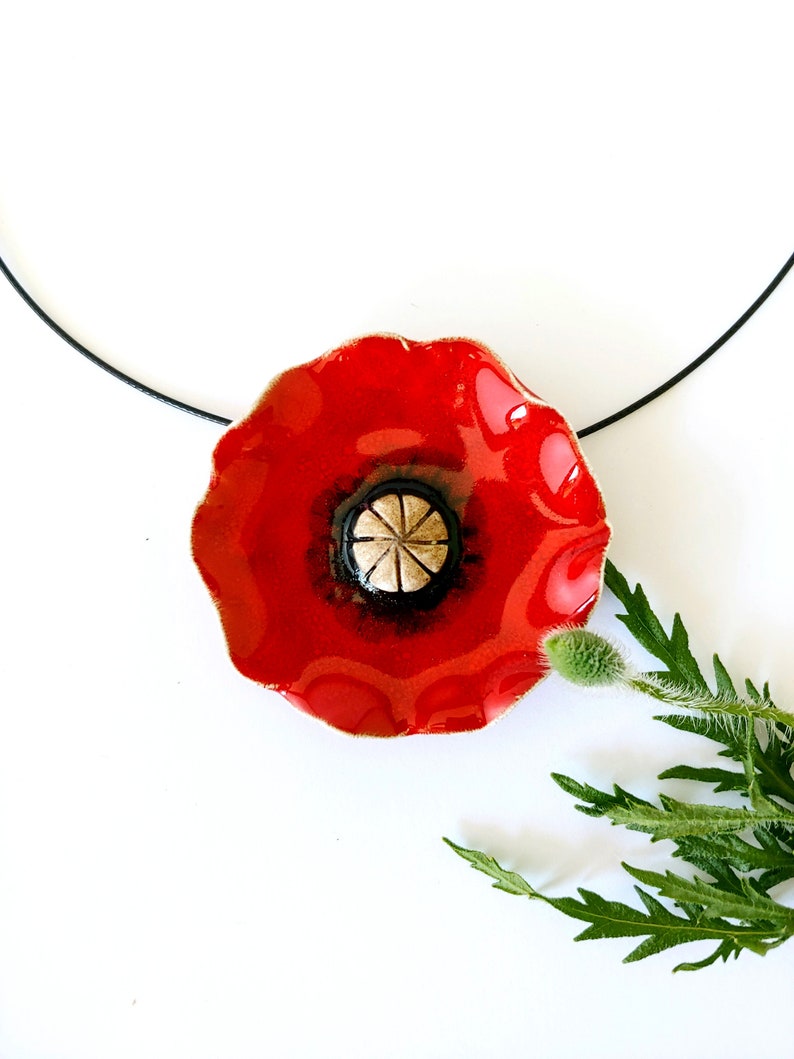 Red Poppy ceramic pendant Poppy jewelry Natural pendant Etsy