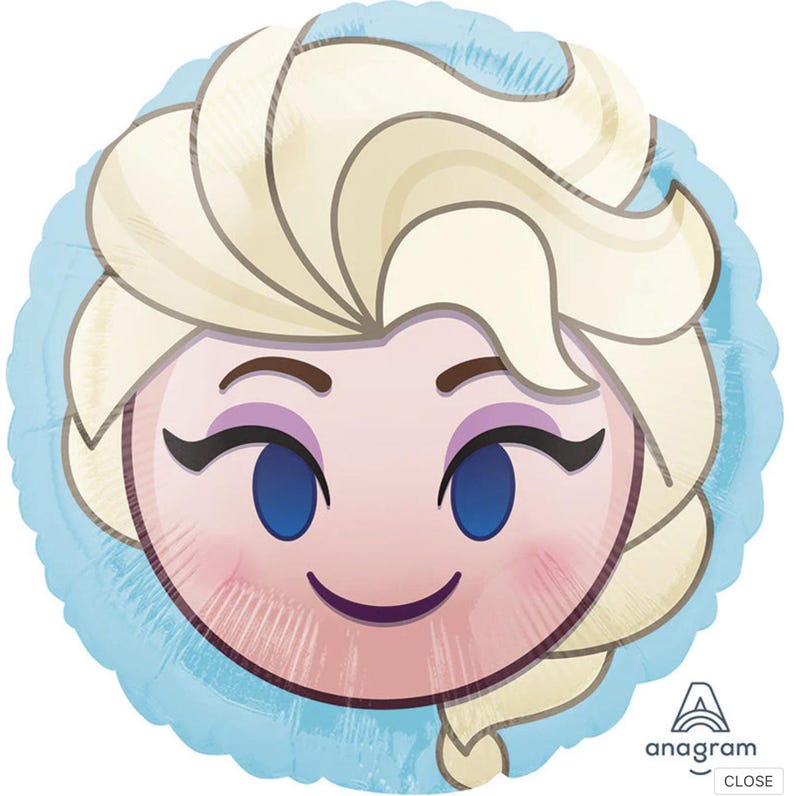 K&ouml;nnte beinhalten: Runder Folienballon mit einem Cartoon-Bild von Elsa aus Frozen. Der Ballon hat einen hellblauen Hintergrund und eine Nahaufnahme von Elsas Gesicht mit blonden Haaren, blauen Augen und einem l&auml;chelnden Ausdruck. Das Anagram-Logo ist sichtbar.