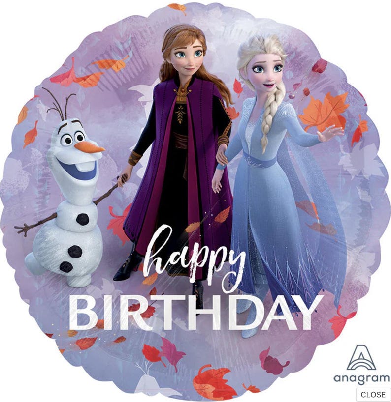 May include: A round foil balloon featuring characters from the movie Frozen, including Anna, Elsa, and Olaf. The balloon has a purple background with autumn leaves and the words "happy BIRTHDAY" in white script.