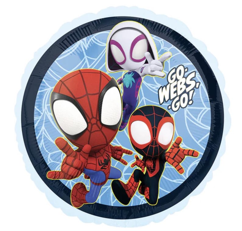May include: A circular balloon featuring Spider-Man, Spider-Gwen, and Miles Morales cartoon characters. The balloon has a blue and white background with the words "GO WEBS GO!" in white. The balloon is a party decoration.