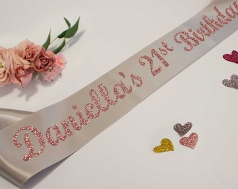 Luxury Personalised Birthday Sash, Any Age, Available In Many Colours For Milestone Birthdays 18 21 30 40 50 60 70 75 80 90 100