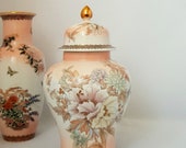 Porcelain Chrysanthemum Flowers Butterflies Jar With Lid, Made in Japan