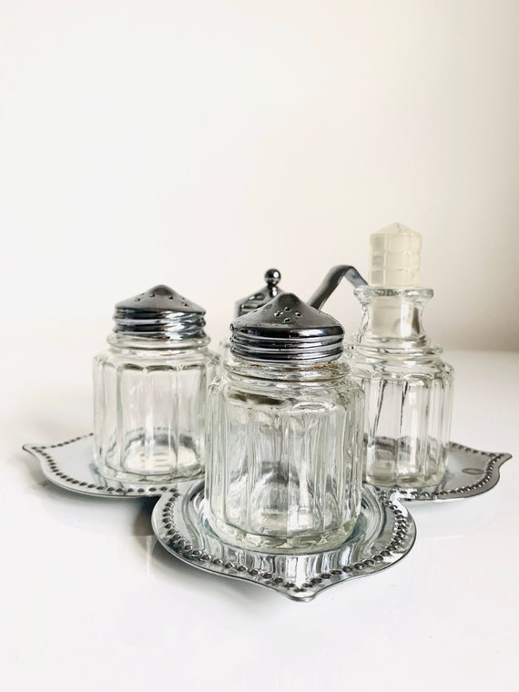 Vintage Salt, Pepper Shakers & Condiment Pots With Tray 