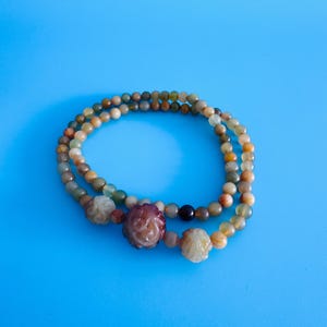 Vintage Carved Dragon Bead Oriental Temple Gemstone Necklace