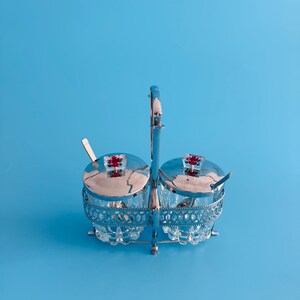 Vintage Clear Glass Jars & Chrome Plated Stand with Romance Stainless Steel Spoons