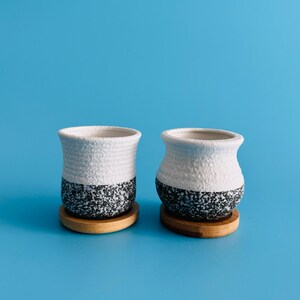 May include: Two small ceramic pots with a white upper section and a black speckled lower section. The pots sit on round, wooden coasters against a solid blue background. The pots have a textured surface.