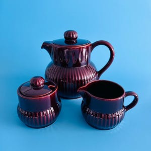 Set of Portuguese Brown Ceramic Coffee/Tea Pot, Sugar Bowl and Creamer