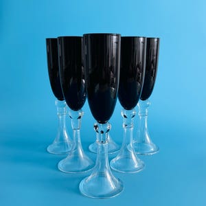 Set of 6 Handblown Dark Burgundy & Clear Glass Champagne Flutes