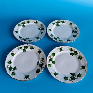 May include: Four white ceramic plates with a green ivy leaf design around the rim and a gold trim. The plates are arranged on a blue background. The ivy leaves are a dark green colour.