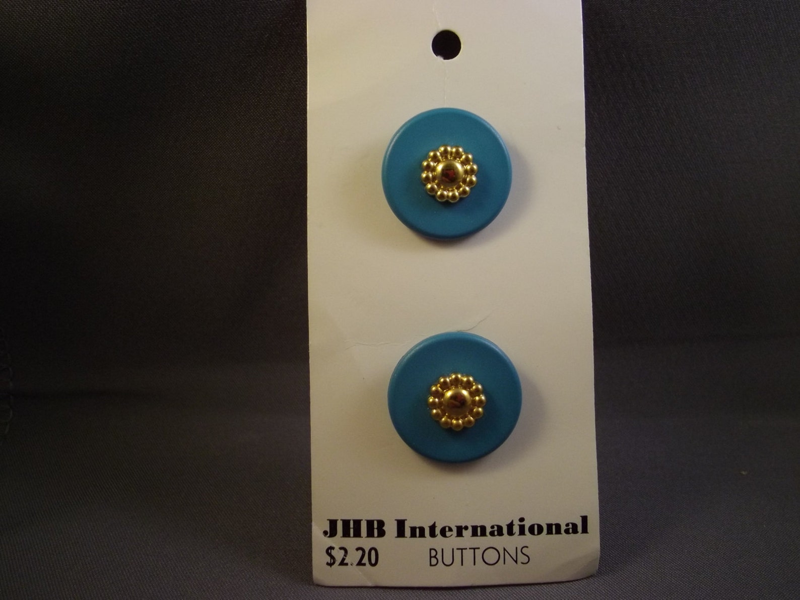 Aqua & Gold JHB International Buttons on Card, Vintage, 2 Pc, 7/8in